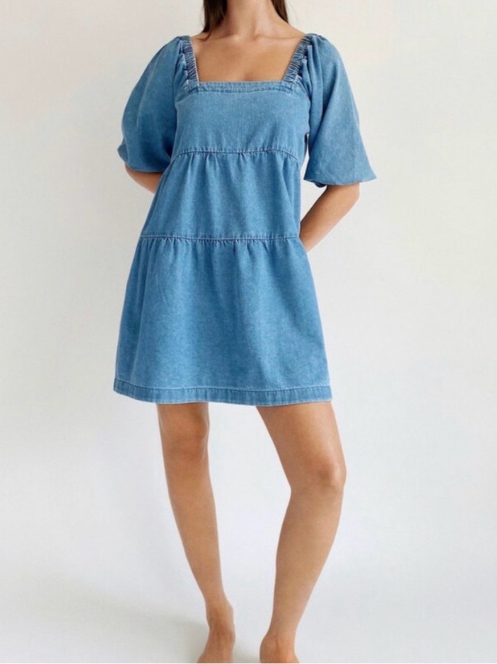 Mango Light Blue Denim Puff Sleeve Midi Dress - Picture 1 of 4